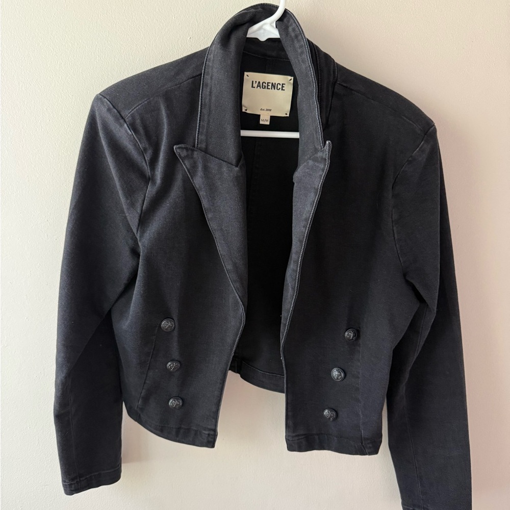 L'AGENCE Black Cropped Double-Breasted Blazer Jacket